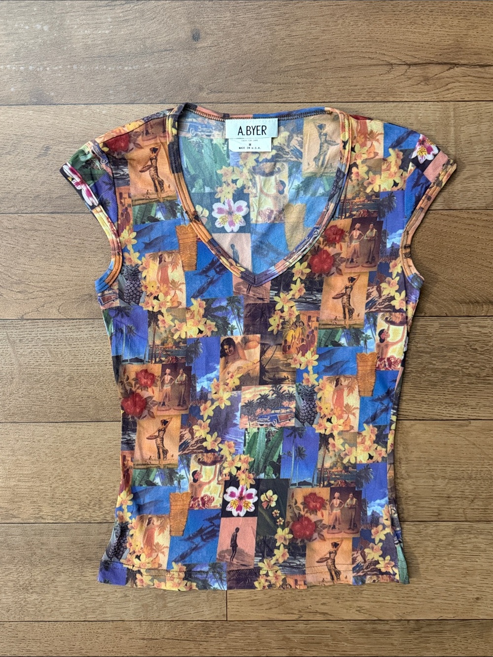 Y2K A. Byer Size Medium Short Sleeve Hawaiian Print Mesh Top Made In USA Vintage